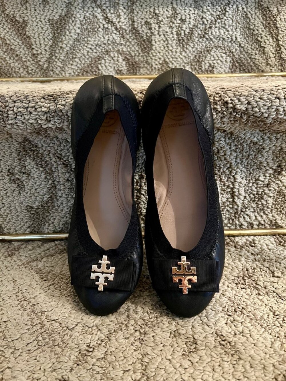 GUC Tory Burch Sedgwick Black Leather Logo Ballet Flats Shoes Size 7 - Picture 3 of 9